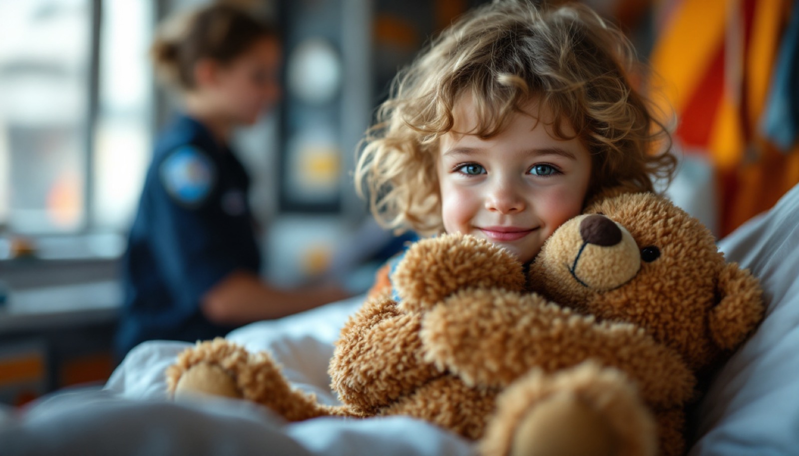 Una niña abraza un osito de peluche mientras la atiende una sanitaria