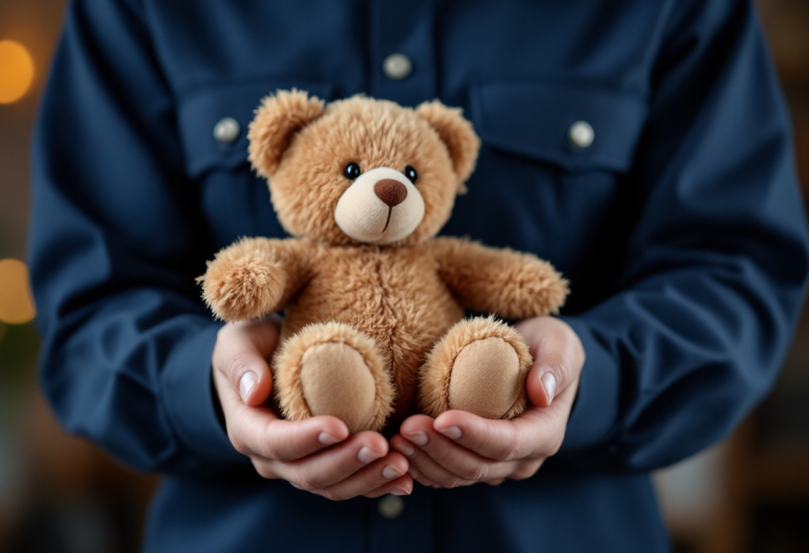 Un sanitario sostiene un osito de peluche con las dos manos